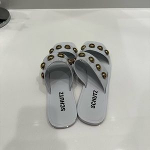 Schutz white jelly sandal with gold studs